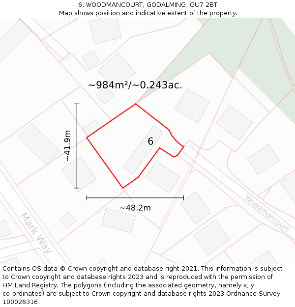 6, WOODMANCOURT, GODALMING, GU7 2BT: Plot and title map