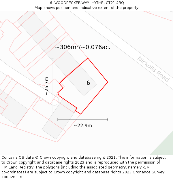 6, WOODPECKER WAY, HYTHE, CT21 4BQ: Plot and title map