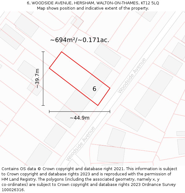 6, WOODSIDE AVENUE, HERSHAM, WALTON-ON-THAMES, KT12 5LQ: Plot and title map