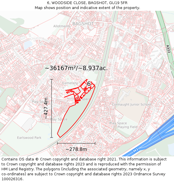 6, WOODSIDE CLOSE, BAGSHOT, GU19 5FR: Plot and title map