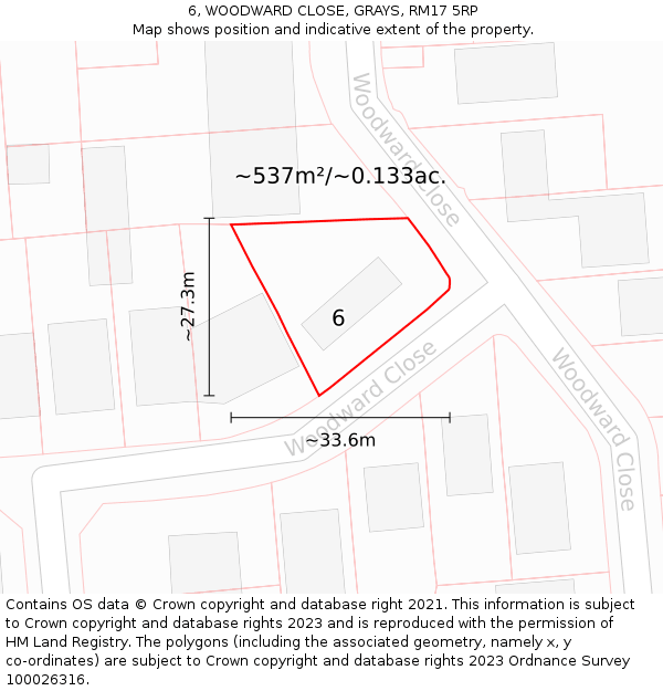 6, WOODWARD CLOSE, GRAYS, RM17 5RP: Plot and title map