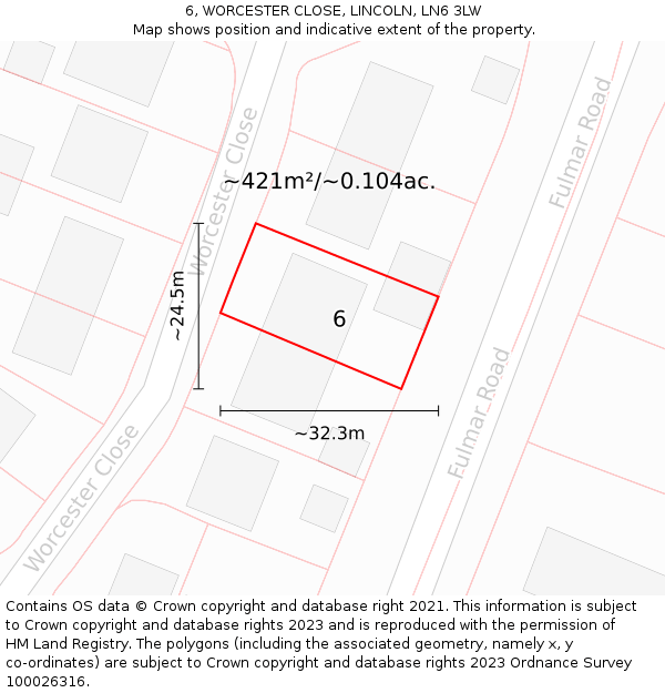 6, WORCESTER CLOSE, LINCOLN, LN6 3LW: Plot and title map