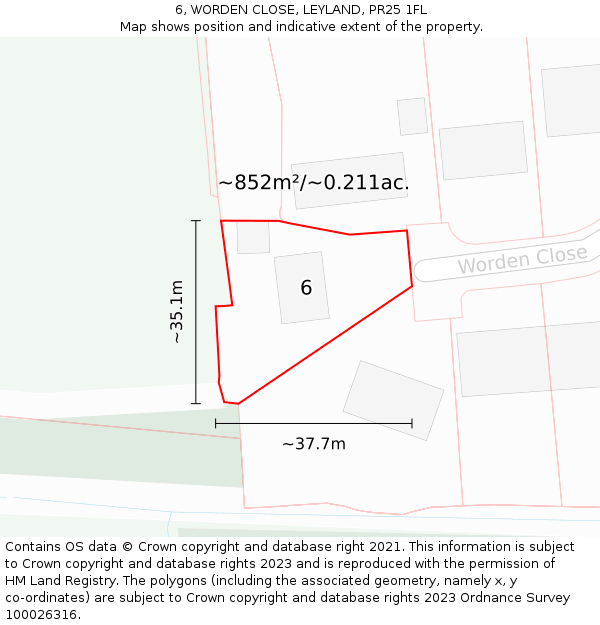 6, WORDEN CLOSE, LEYLAND, PR25 1FL: Plot and title map