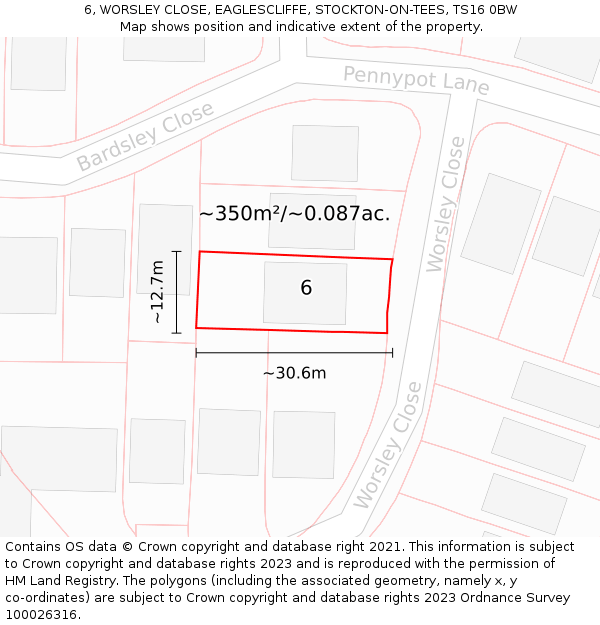 6, WORSLEY CLOSE, EAGLESCLIFFE, STOCKTON-ON-TEES, TS16 0BW: Plot and title map