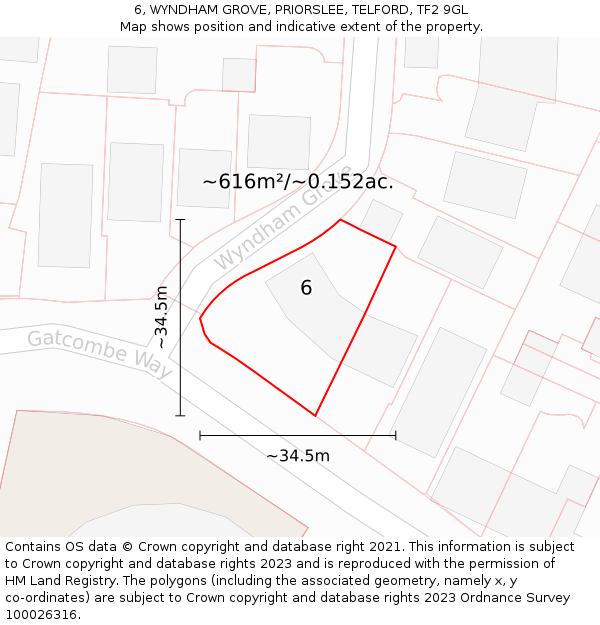 6, WYNDHAM GROVE, PRIORSLEE, TELFORD, TF2 9GL: Plot and title map