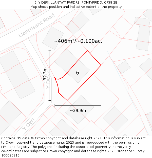 6, Y DERI, LLANTWIT FARDRE, PONTYPRIDD, CF38 2BJ: Plot and title map