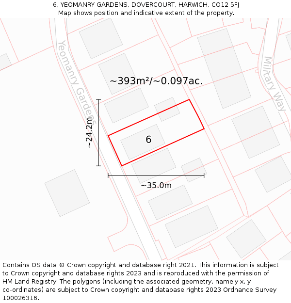 6, YEOMANRY GARDENS, DOVERCOURT, HARWICH, CO12 5FJ: Plot and title map