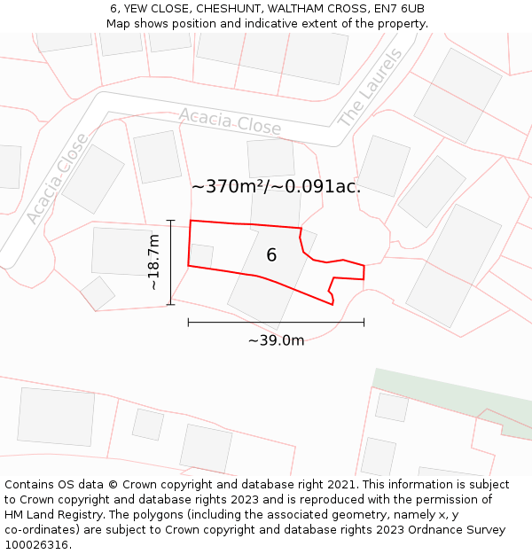 6, YEW CLOSE, CHESHUNT, WALTHAM CROSS, EN7 6UB: Plot and title map