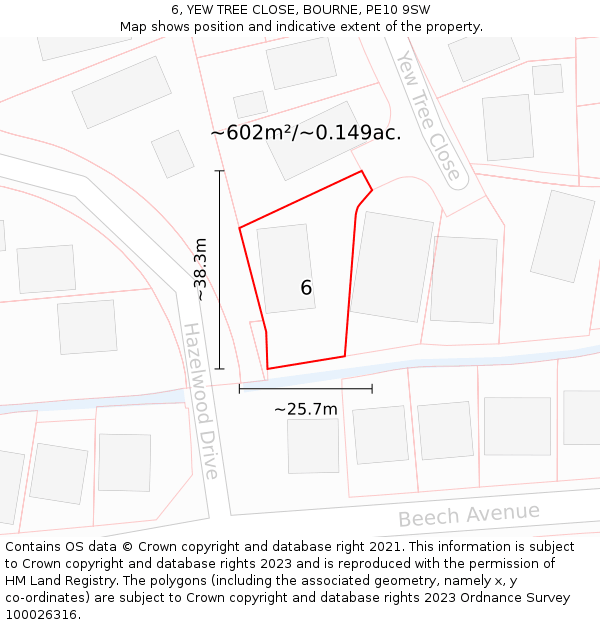 6, YEW TREE CLOSE, BOURNE, PE10 9SW: Plot and title map