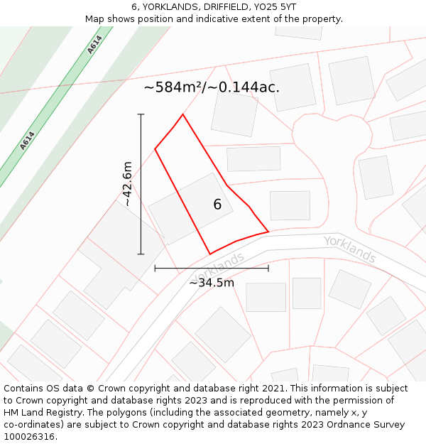 6, YORKLANDS, DRIFFIELD, YO25 5YT: Plot and title map