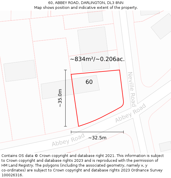 60, ABBEY ROAD, DARLINGTON, DL3 8NN: Plot and title map