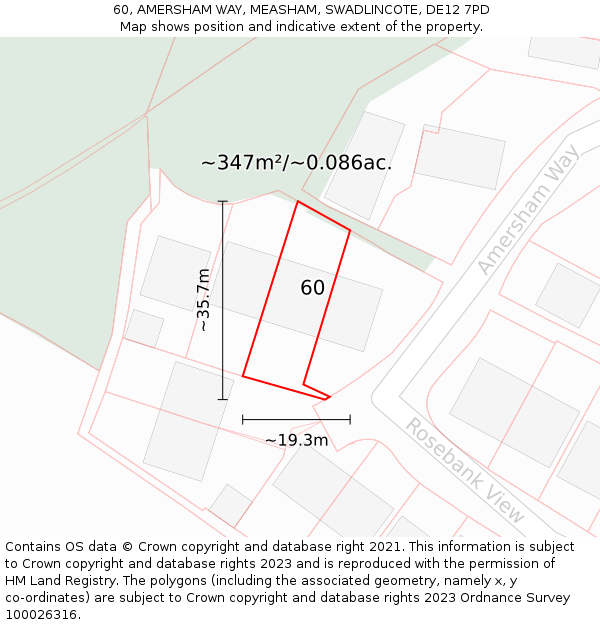 60, AMERSHAM WAY, MEASHAM, SWADLINCOTE, DE12 7PD: Plot and title map