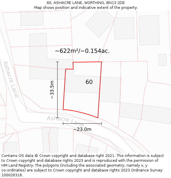 60, ASHACRE LANE, WORTHING, BN13 2DE: Plot and title map