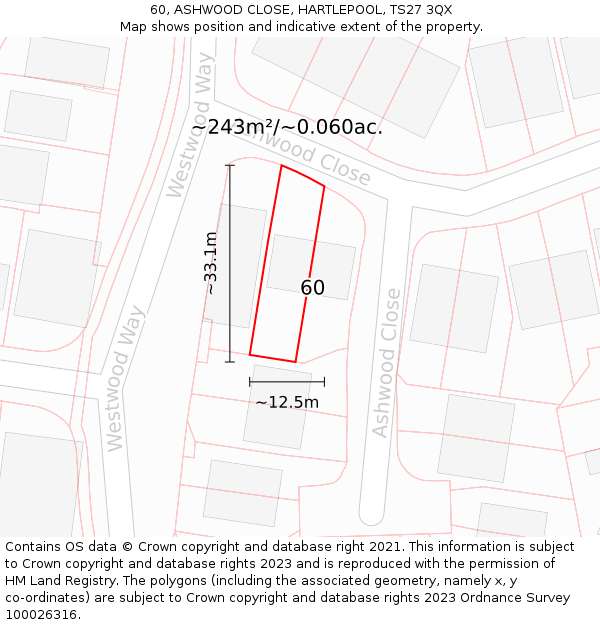 60, ASHWOOD CLOSE, HARTLEPOOL, TS27 3QX: Plot and title map