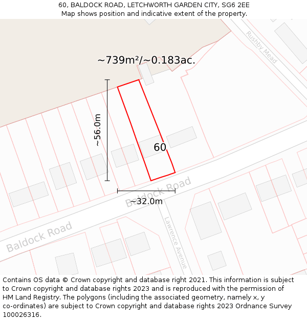 60, BALDOCK ROAD, LETCHWORTH GARDEN CITY, SG6 2EE: Plot and title map