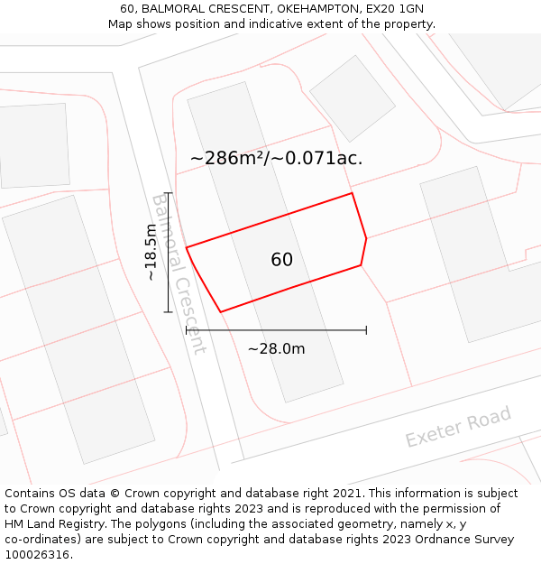 60, BALMORAL CRESCENT, OKEHAMPTON, EX20 1GN: Plot and title map