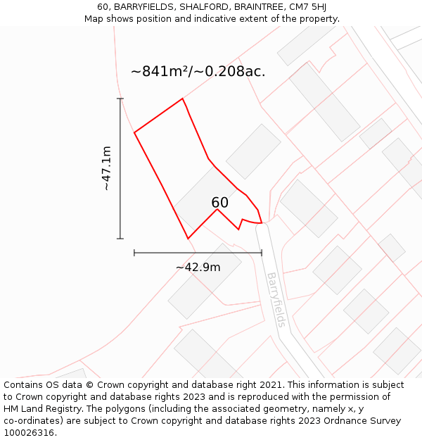 60, BARRYFIELDS, SHALFORD, BRAINTREE, CM7 5HJ: Plot and title map