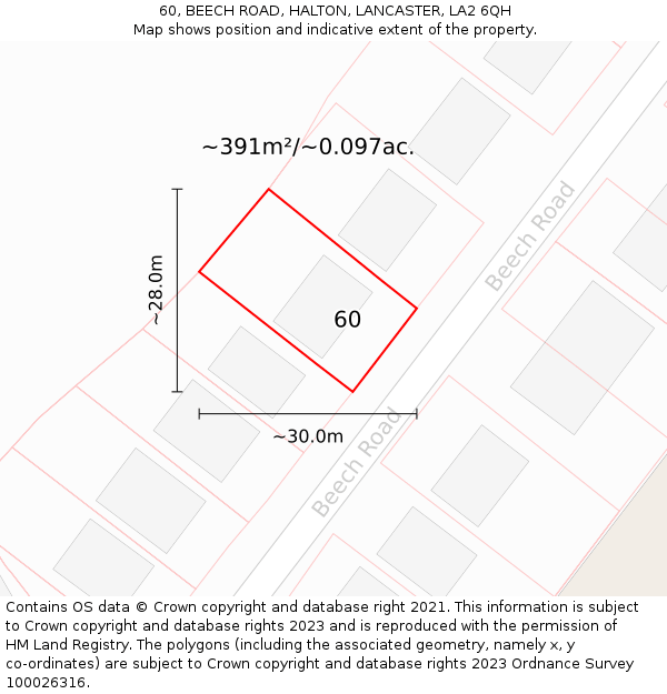 60, BEECH ROAD, HALTON, LANCASTER, LA2 6QH: Plot and title map