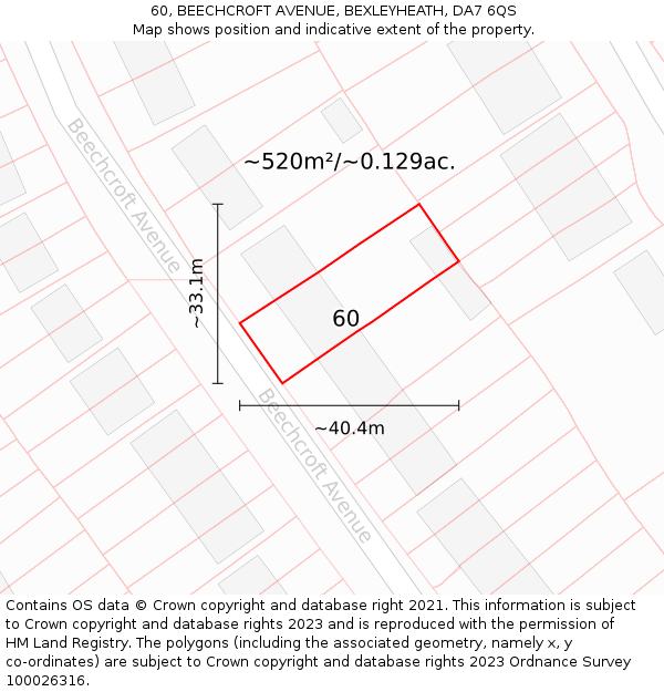 60, BEECHCROFT AVENUE, BEXLEYHEATH, DA7 6QS: Plot and title map