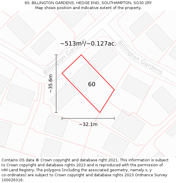 60, BILLINGTON GARDENS, HEDGE END, SOUTHAMPTON, SO30 2RY: Plot and title map