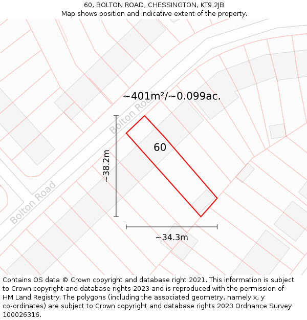 60, BOLTON ROAD, CHESSINGTON, KT9 2JB: Plot and title map