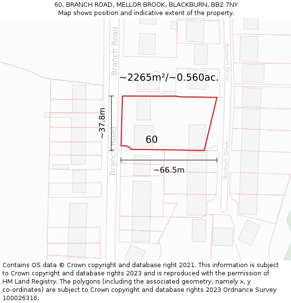 60, BRANCH ROAD, MELLOR BROOK, BLACKBURN, BB2 7NY: Plot and title map