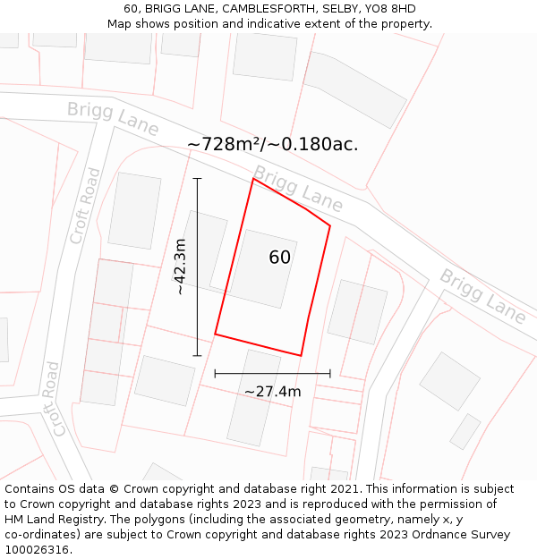 60, BRIGG LANE, CAMBLESFORTH, SELBY, YO8 8HD: Plot and title map