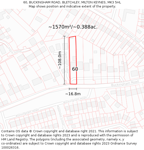 60, BUCKINGHAM ROAD, BLETCHLEY, MILTON KEYNES, MK3 5HL: Plot and title map