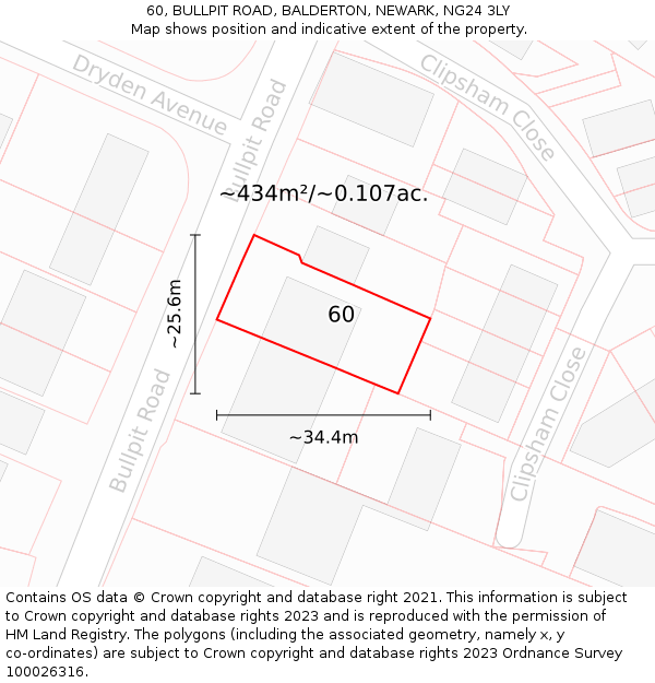 60, BULLPIT ROAD, BALDERTON, NEWARK, NG24 3LY: Plot and title map