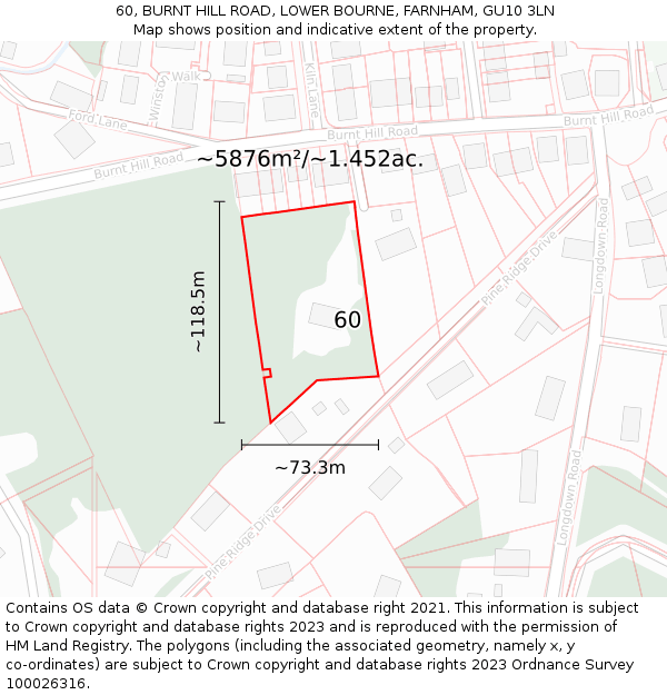 60, BURNT HILL ROAD, LOWER BOURNE, FARNHAM, GU10 3LN: Plot and title map