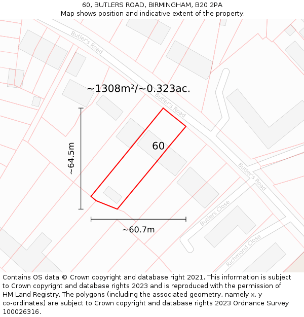 60, BUTLERS ROAD, BIRMINGHAM, B20 2PA: Plot and title map