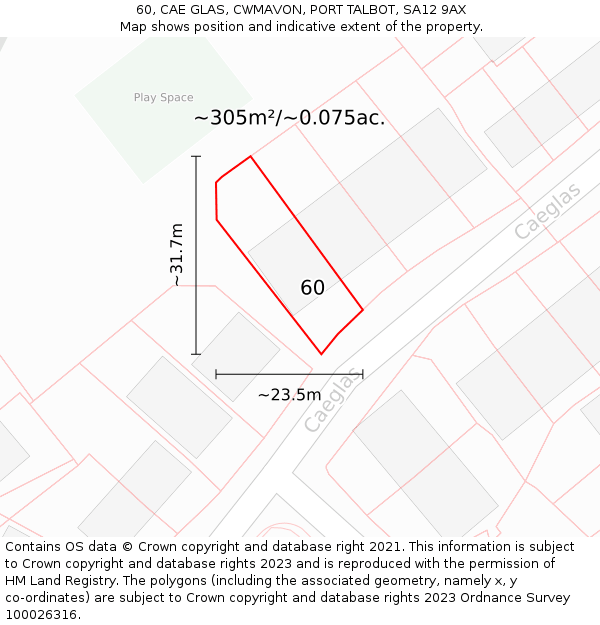 60, CAE GLAS, CWMAVON, PORT TALBOT, SA12 9AX: Plot and title map