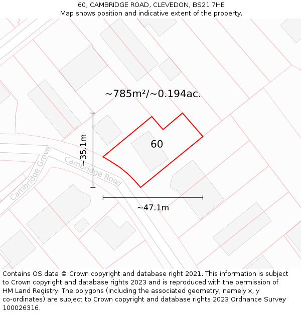 60, CAMBRIDGE ROAD, CLEVEDON, BS21 7HE: Plot and title map