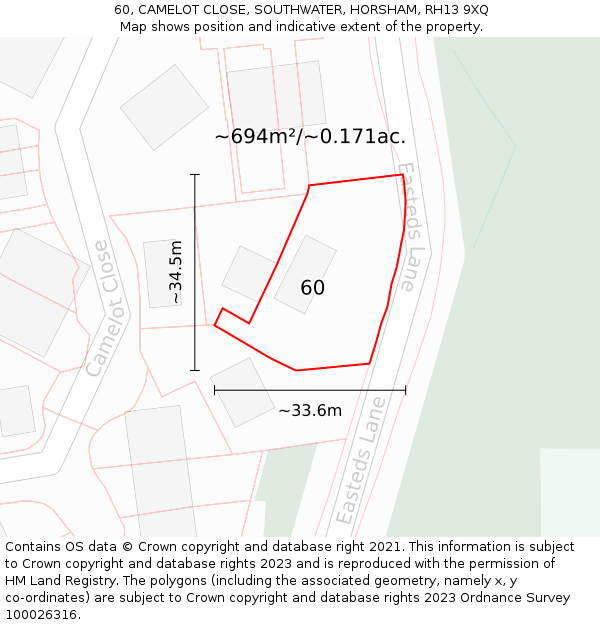 60, CAMELOT CLOSE, SOUTHWATER, HORSHAM, RH13 9XQ: Plot and title map