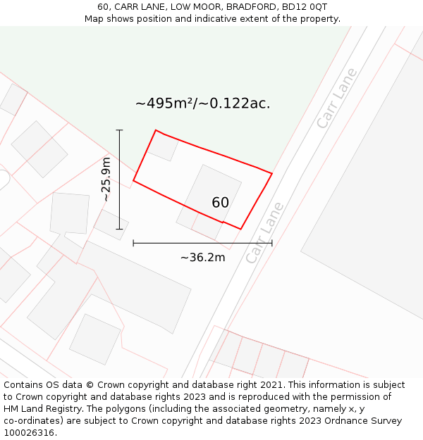 60, CARR LANE, LOW MOOR, BRADFORD, BD12 0QT: Plot and title map