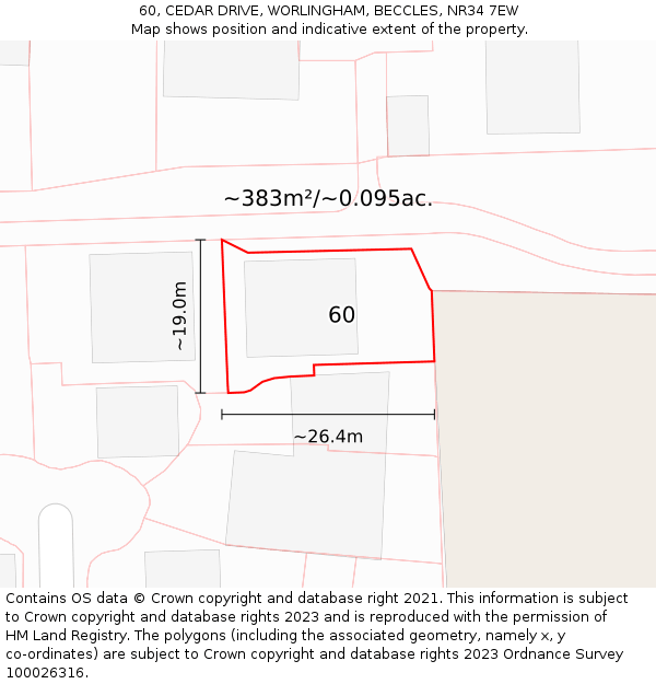 60, CEDAR DRIVE, WORLINGHAM, BECCLES, NR34 7EW: Plot and title map