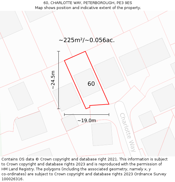 60, CHARLOTTE WAY, PETERBOROUGH, PE3 9ES: Plot and title map