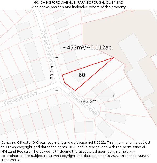 60, CHINGFORD AVENUE, FARNBOROUGH, GU14 8AD: Plot and title map