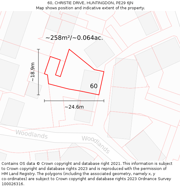 60, CHRISTIE DRIVE, HUNTINGDON, PE29 6JN: Plot and title map