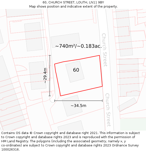 60, CHURCH STREET, LOUTH, LN11 9BY: Plot and title map