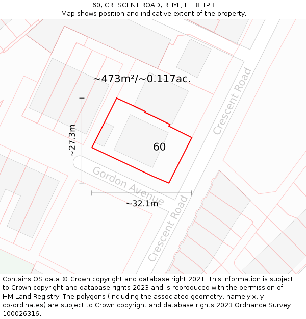 60, CRESCENT ROAD, RHYL, LL18 1PB: Plot and title map