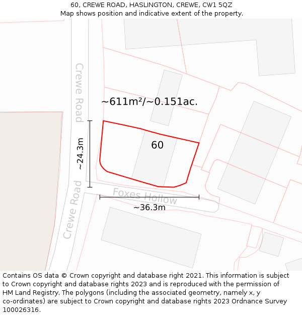 60, CREWE ROAD, HASLINGTON, CREWE, CW1 5QZ: Plot and title map