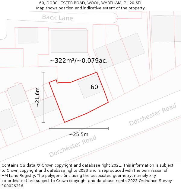 60, DORCHESTER ROAD, WOOL, WAREHAM, BH20 6EL: Plot and title map