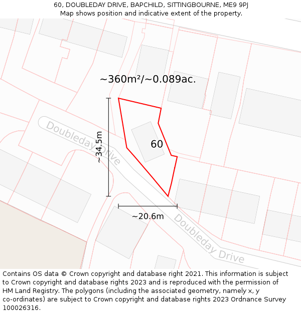 60, DOUBLEDAY DRIVE, BAPCHILD, SITTINGBOURNE, ME9 9PJ: Plot and title map