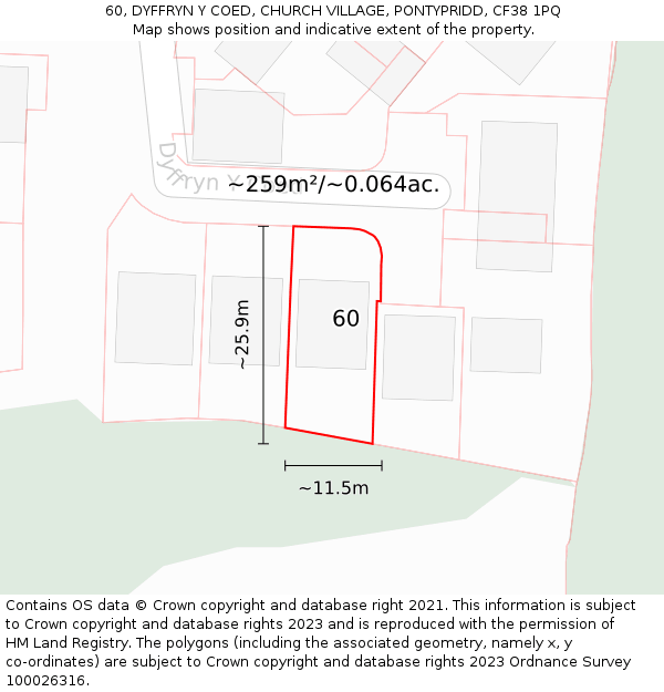 60, DYFFRYN Y COED, CHURCH VILLAGE, PONTYPRIDD, CF38 1PQ: Plot and title map