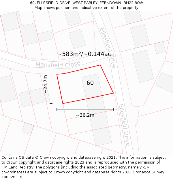 60, ELLESFIELD DRIVE, WEST PARLEY, FERNDOWN, BH22 8QW: Plot and title map