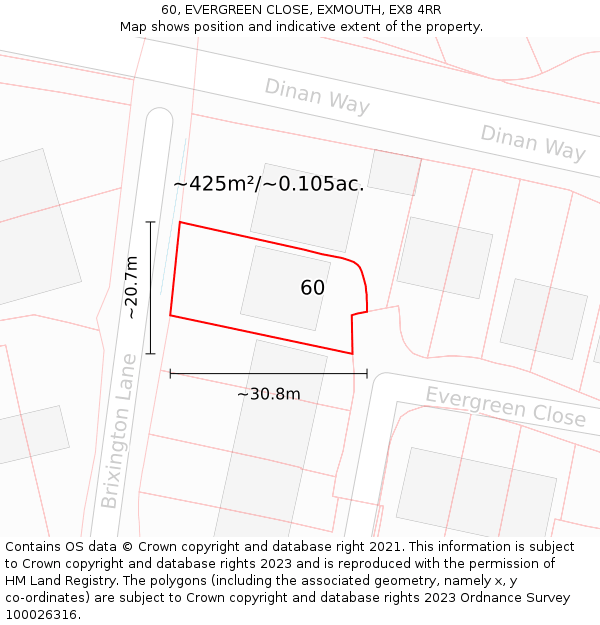 60, EVERGREEN CLOSE, EXMOUTH, EX8 4RR: Plot and title map