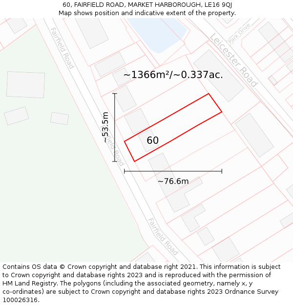 60, FAIRFIELD ROAD, MARKET HARBOROUGH, LE16 9QJ: Plot and title map