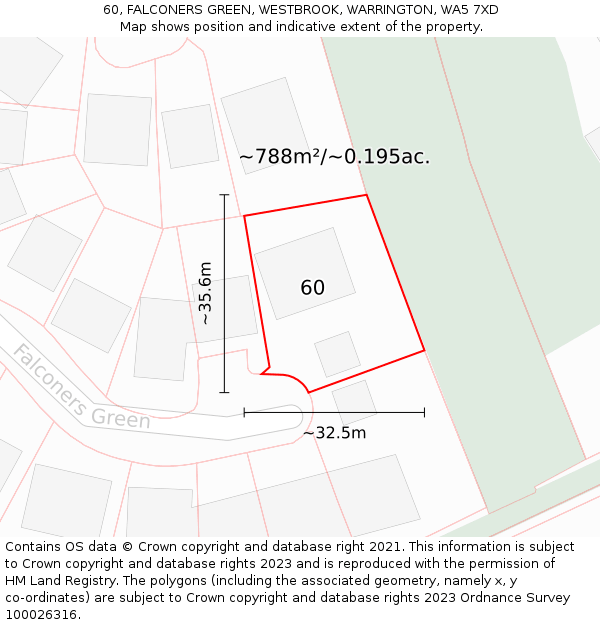 60, FALCONERS GREEN, WESTBROOK, WARRINGTON, WA5 7XD: Plot and title map