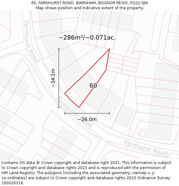 60, FARNHURST ROAD, BARNHAM, BOGNOR REGIS, PO22 0JW: Plot and title map